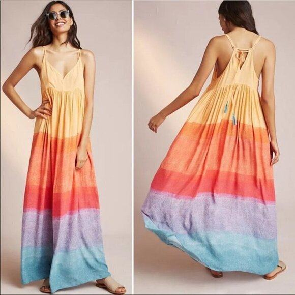 Anthropologie x Carla Weeks Setting Sun Maxi Dress Sunset Tiered Strappy Size M - Picture 2 of 15